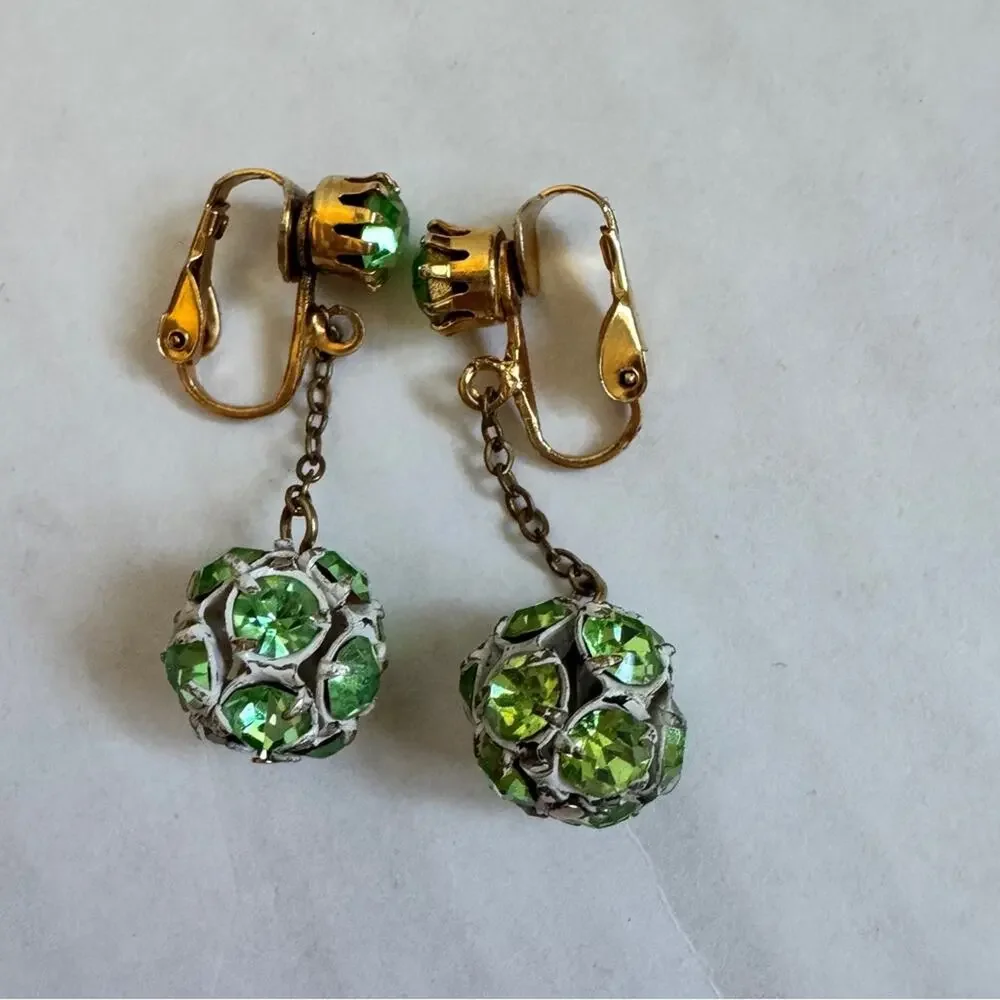 Green Rhinestone Gold Tone Dangle Earrings Clip On Vintage Classic